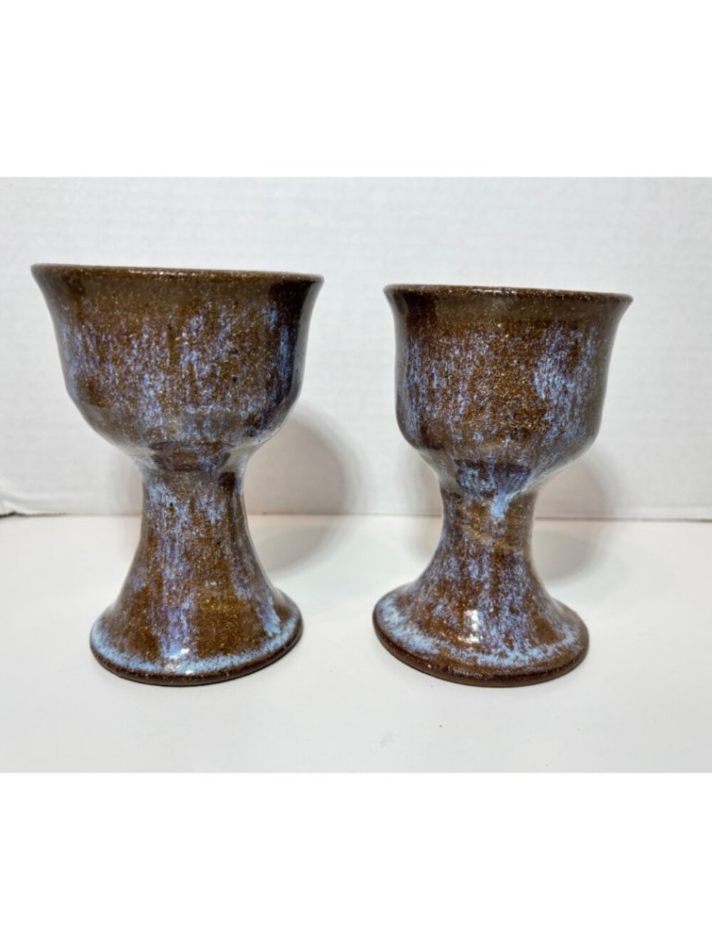 Studio Art Pottery Handmade Stoneware Wine Glass Goblet Blue Speckled set of 2 - Picture 5 of 6